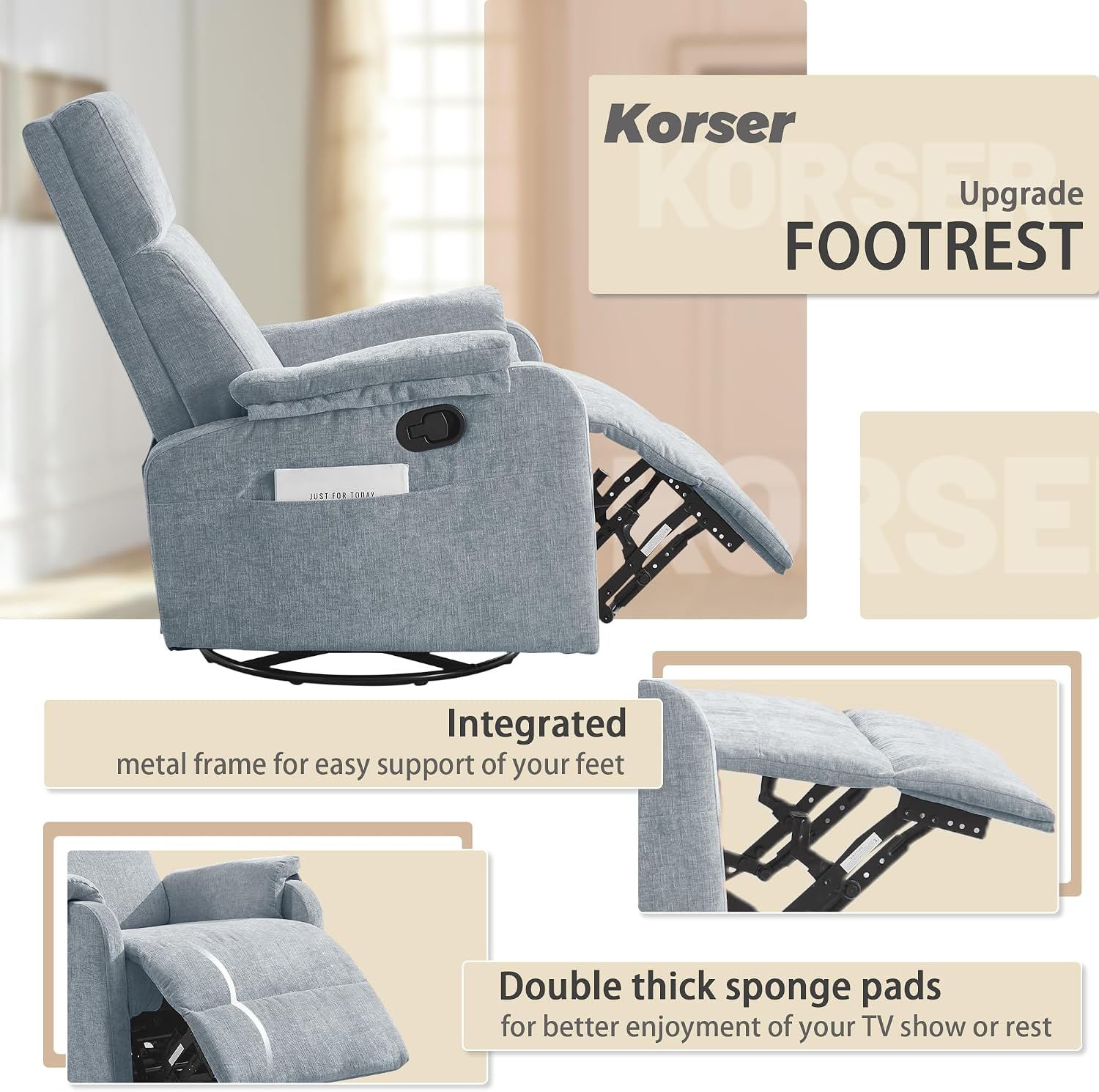 Korser Swivel Rocking Recliner with Massage, Small Glider Chair for Nursery, Modern-Designed Armrests Chair for Adults Living Room, Chenille, Blue