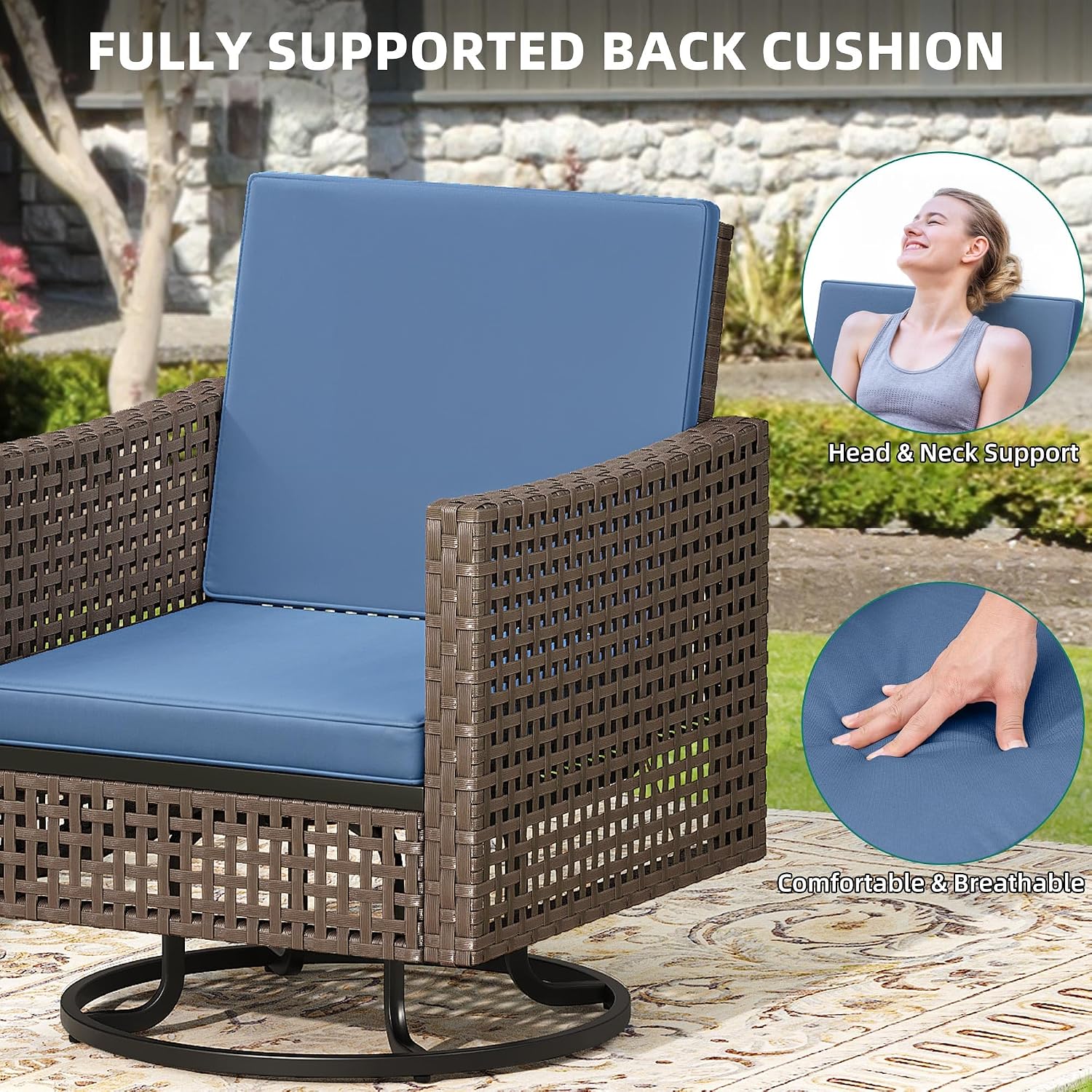 YITAHOME Outdoor Swivel Chair 3 Pieces, Wicker Patio Furniture, Porch Furniture, Swivel Wicker Patio Chairs with Rattan Side Table, Thickened Cushions for Porch, and Yard, Blue