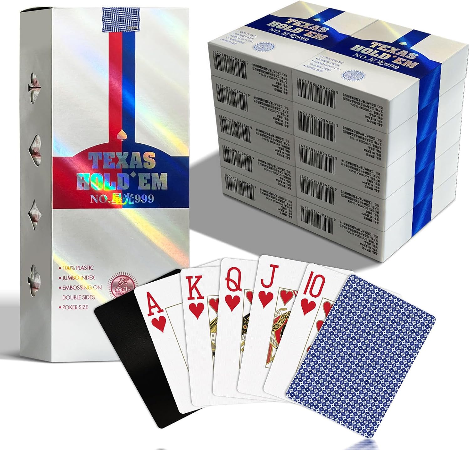 Ben Niu 10 Decks Plastic Playing Cards, Casino Grade Texas Holdem Cards with 10 Cut Cards, Jumbo Index Waterproof PVC Poker Deck, Double-Sided Linen Texture, Blue Starlight
