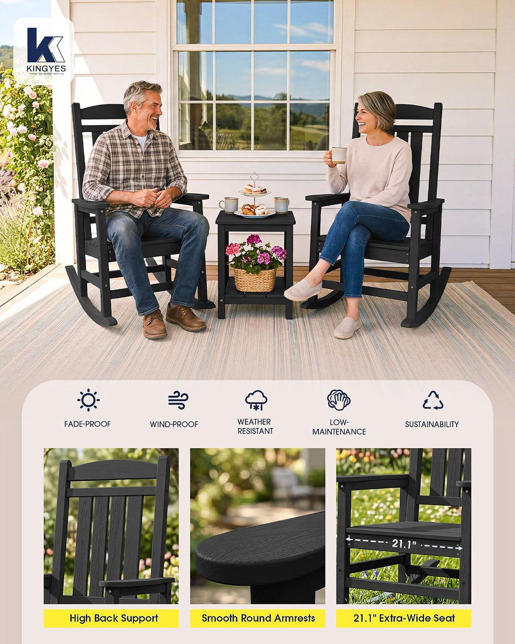 KINGYES Oversized Outdoor Rocking Chair Set of 2, High Density Polyethylene Patio Rocking Chairs with 330lbs Support for Adults, Black