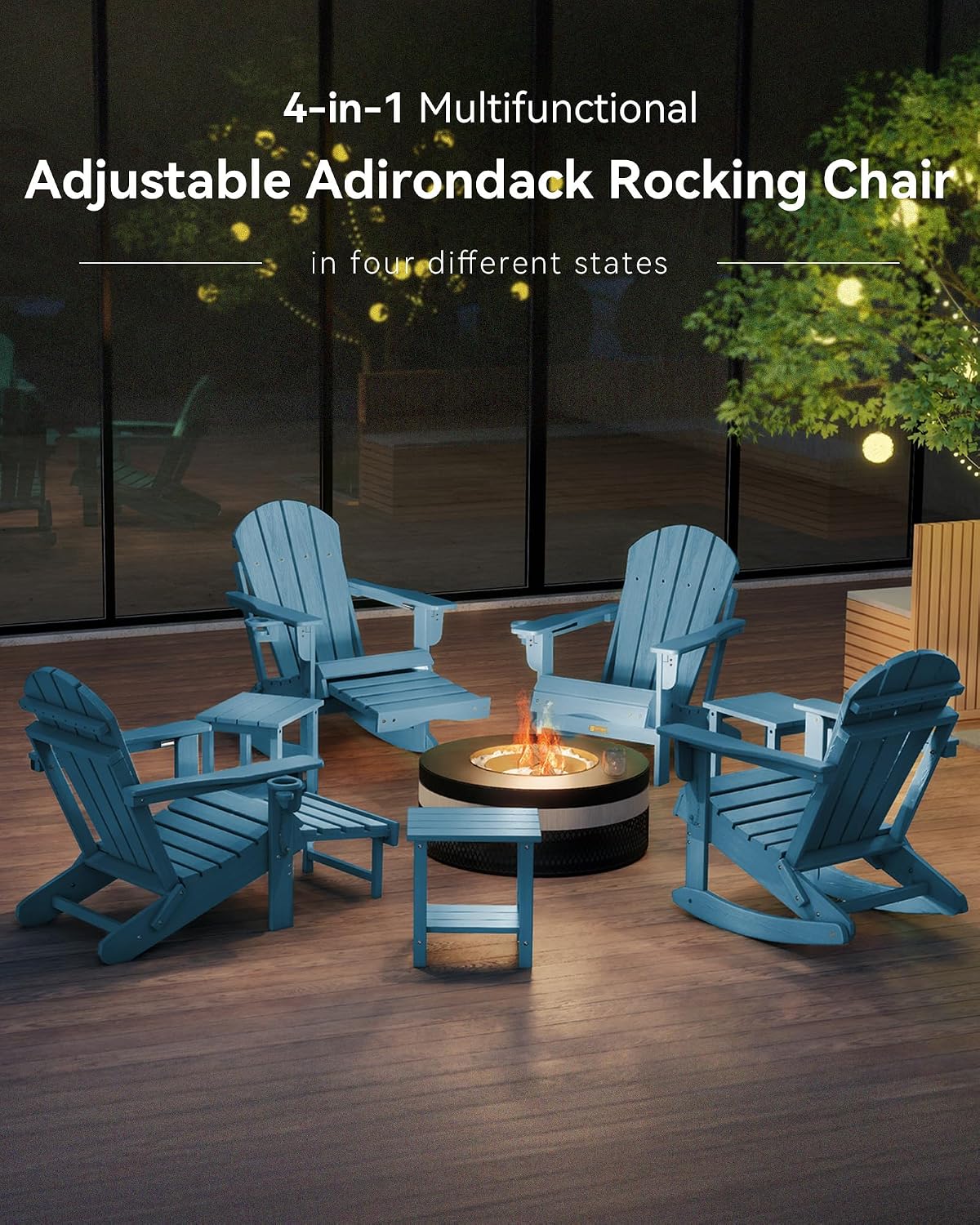 Adjustable Adirondack Rocking Chair with Retractable Ottoman, 4-in-1 Multifunctional Folding Patio Chair with Cup Holder, Outdoor Chair Wood Texture for Lawn,Porch, Backyard,Pool(Navy Blue)