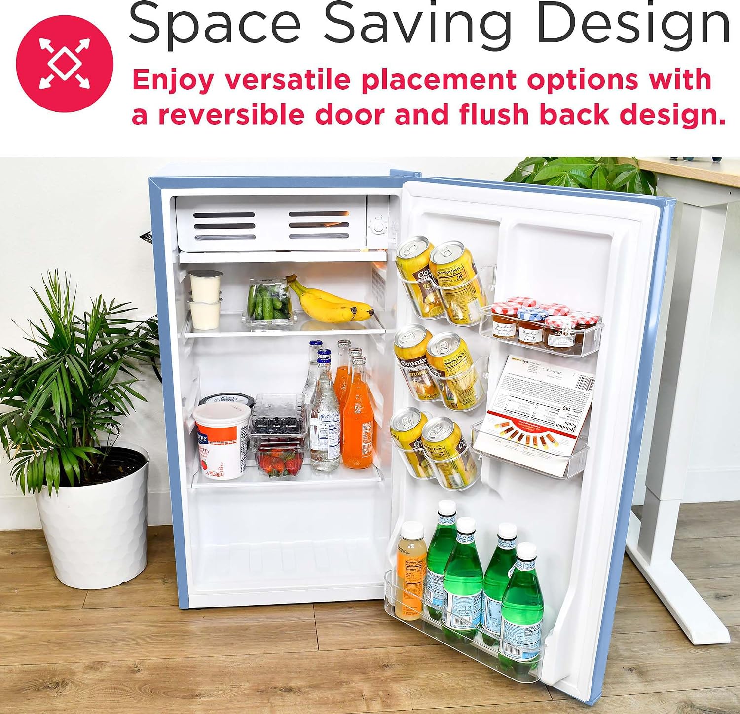 Frigidaire Retro Compact Fridge with Chiller, 3.2 cu ft Countertop Fridge with Built-In Bottle Opener, Compact Refrigerator for Office, Bedroom, Dorm Room or Cabin - 16.5' D x 19' W x 31' H (Blue)