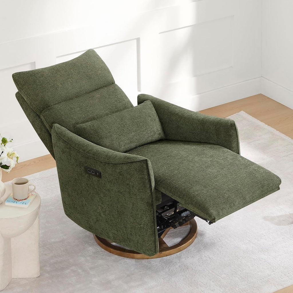 CHITA Swivel Rocker Recliner Chair, Power Nursery Glider Recliner, Nursery Rocking Chair with Adjustable Power Headrest, FSC Certified, Solid Wood Base, Moss Green