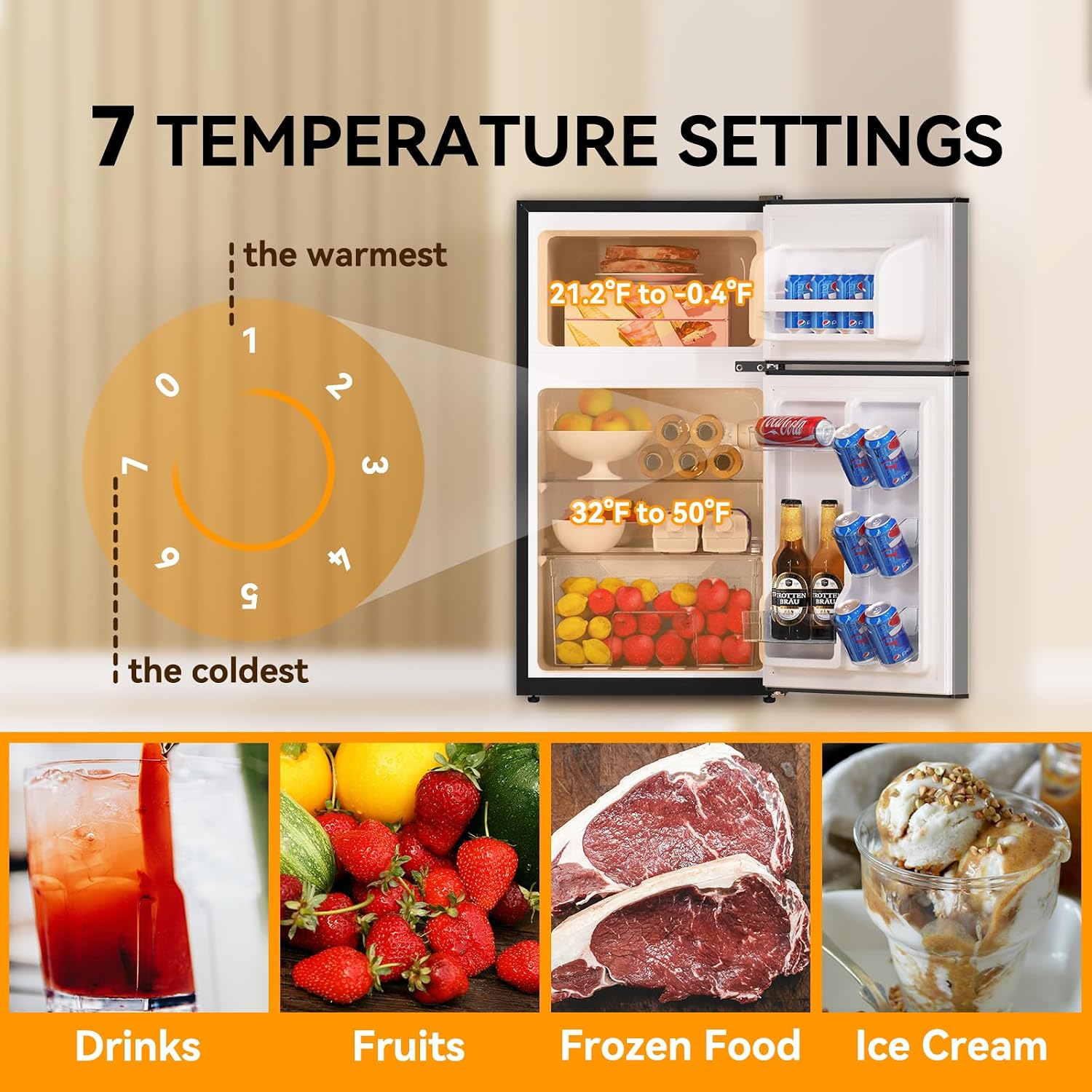 Mini Fridge with Freezer 3.2 Cu.Ft. 2 Door Refrigerator and Freezer Small Fridge for Bedroom Home Office Dorm, Small Drink Chiller, 37 dB Low Noise, Stainless Steel