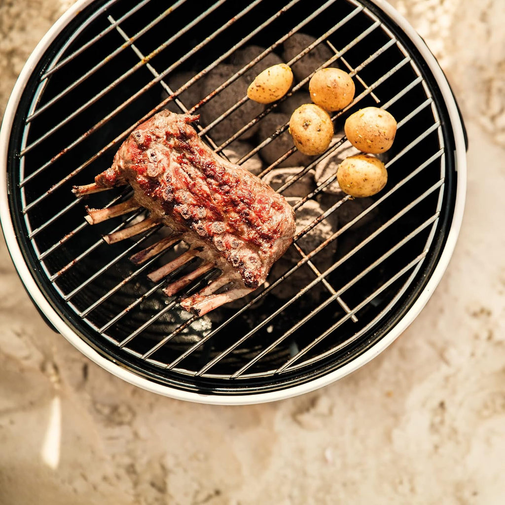 BergHOFF LEO Portable Tabletop BBQ Grill To-go grill with Heat Resistant Base Easy-carry strap & detachable handles, Removable elements, Adjustable airflow, 13.75', White