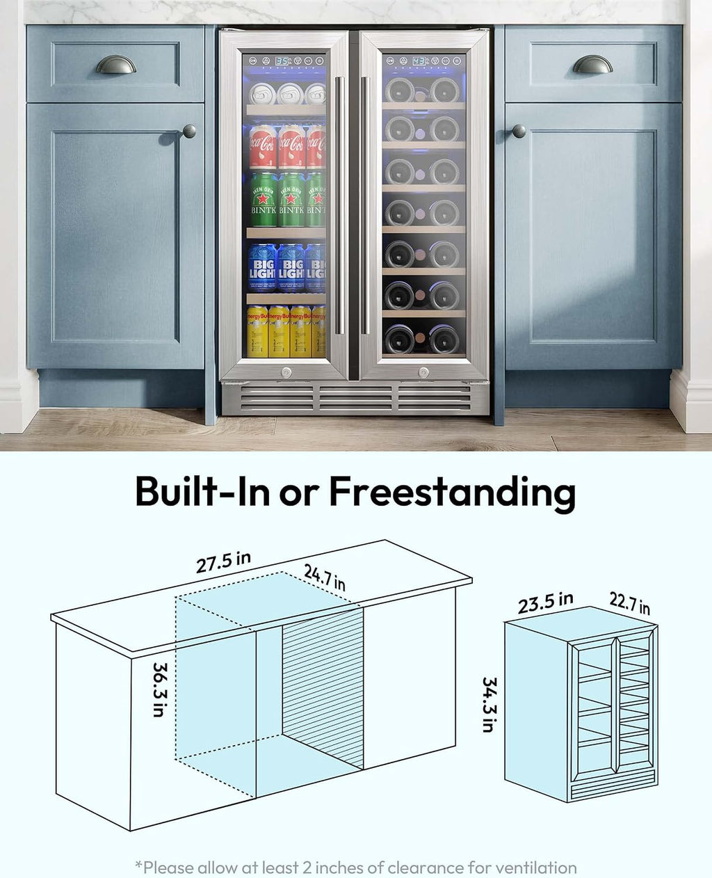 EUHOMY Wine and Beverage Refrigerator, 24 Inch Dual Zone Wine Cooler with Glass Door Hold 21 Bottles and 88 Cans, Built in or Under Counter Wine Fridge with Blue LED Light