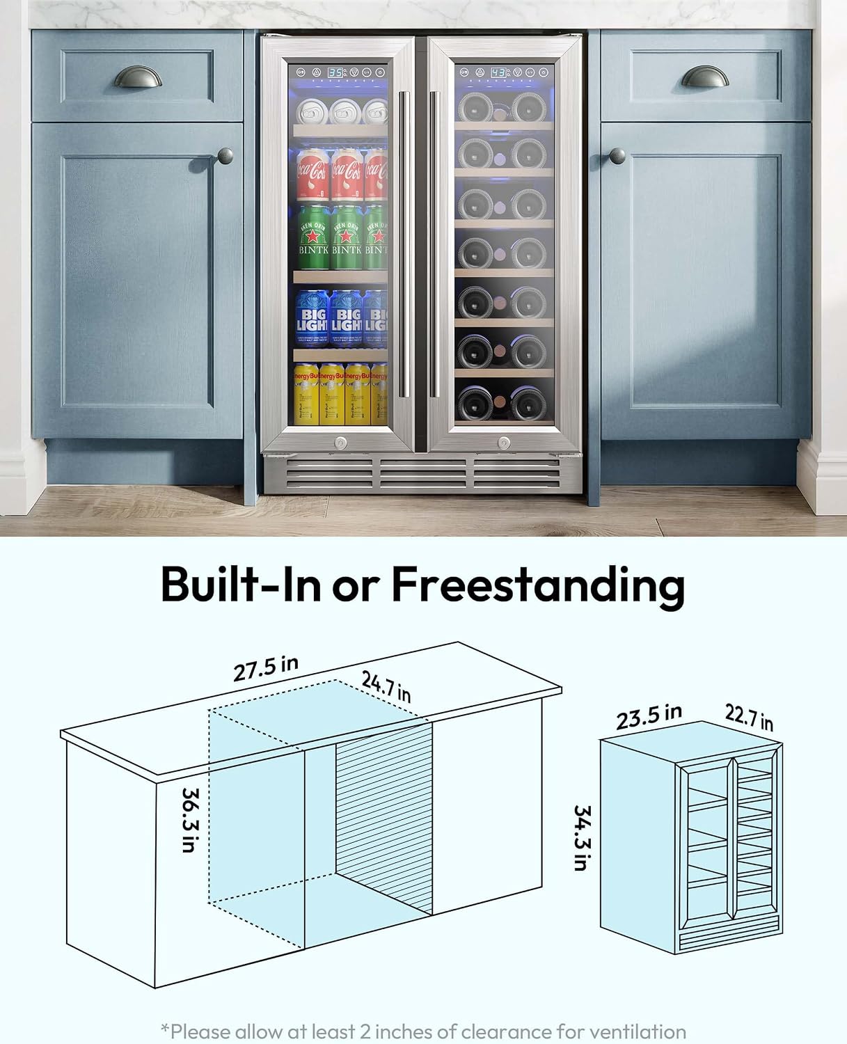 EUHOMY Wine and Beverage Refrigerator, 24 Inch Dual Zone Wine Cooler with Glass Door Hold 21 Bottles and 88 Cans, Built in or Under Counter Wine Fridge with Blue LED Light