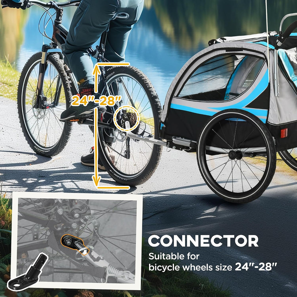 Aosom 3-in-1 Walk/Jog/Ride Child Baby Bike Trailer for Kids 2 Seater, High-Visibility Bike Stroller for Toddler Wagon, Weather-Strong Double Bicycle Trailer Accessory