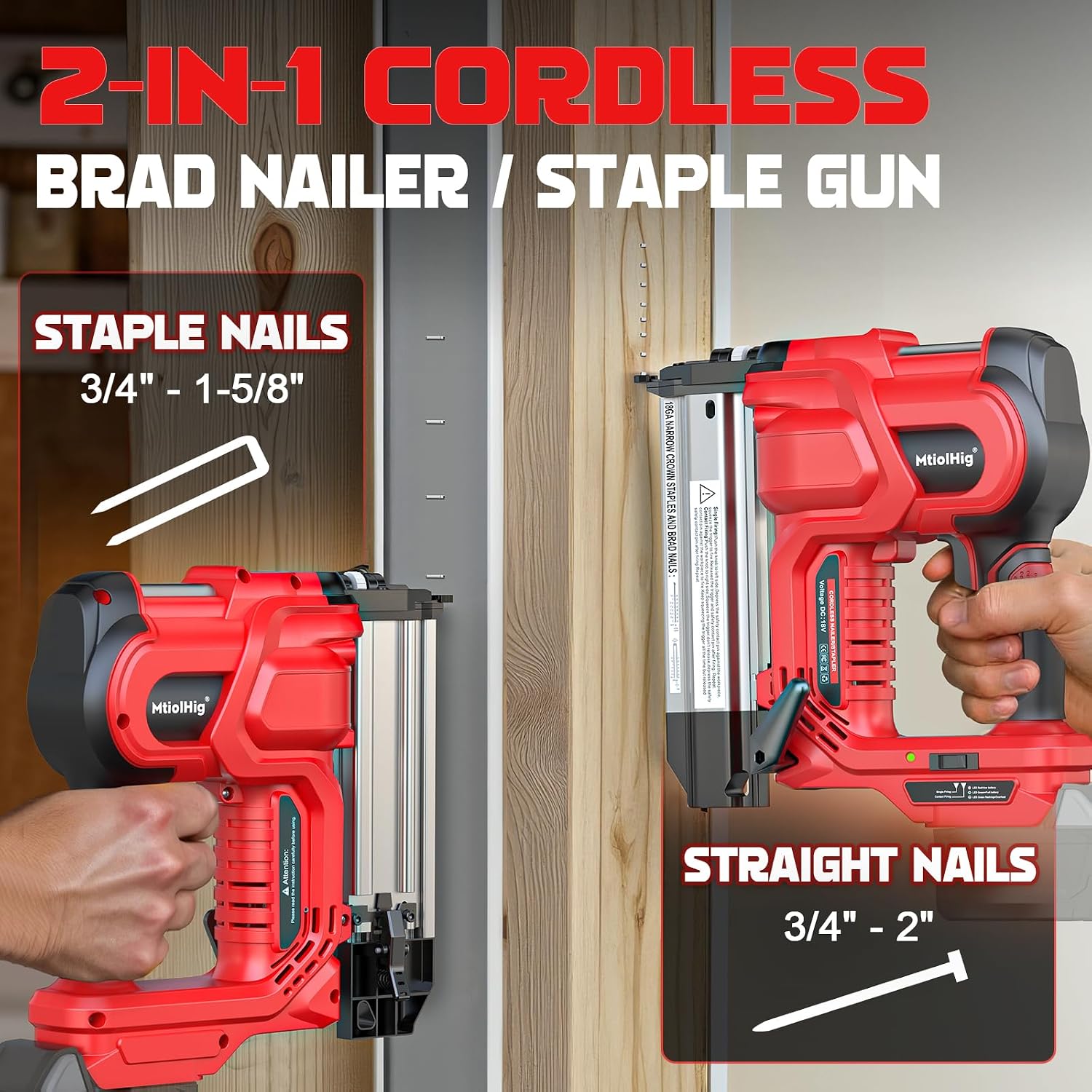 MtiolHig Cordless 2' Brad Nailer Compatible with Milwaukee Battery(No Battery), 2-in-1 Electric Nail Gun/Staple Gun, 18 Gauge Nail Gun Battery Powered with 1000 Nails for Wood Carpentry, 7.2LB