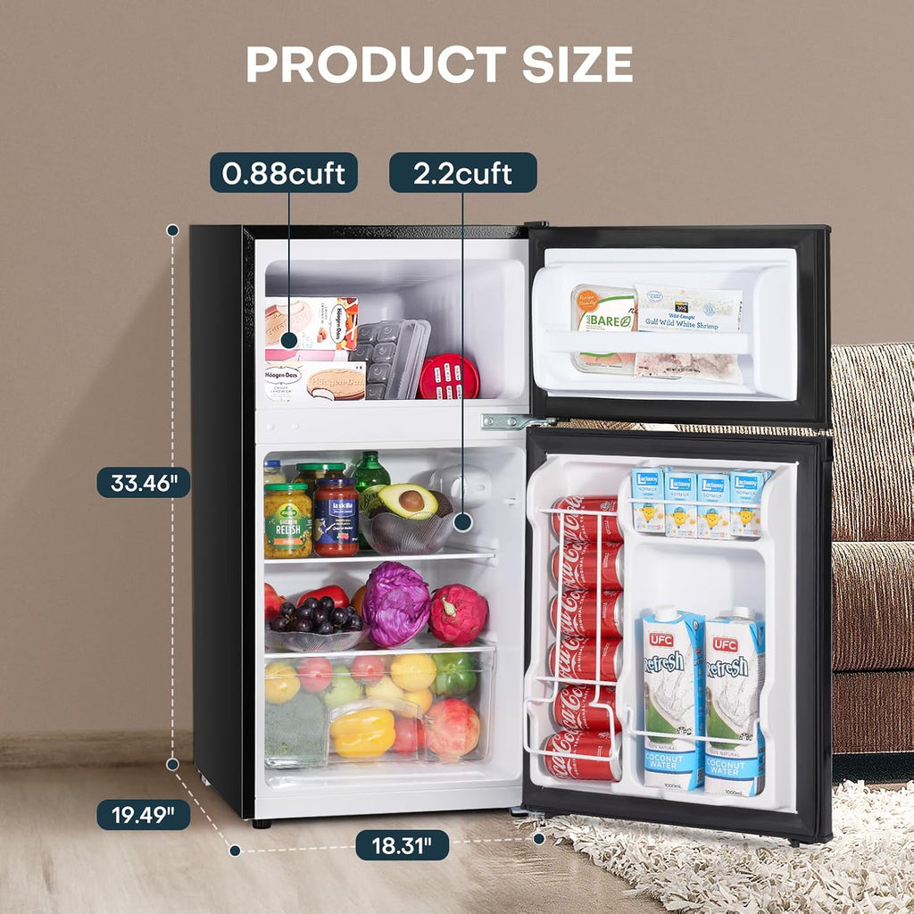 Upstreman 3.1 Cu.Ft Mini Fridge with Freezer, Double Door Small Fridge, Dorm Essentials, Adjustable Thermostat, Energy Saving, Mini Refrigerator for Office, Dorm, Bedroom, Black