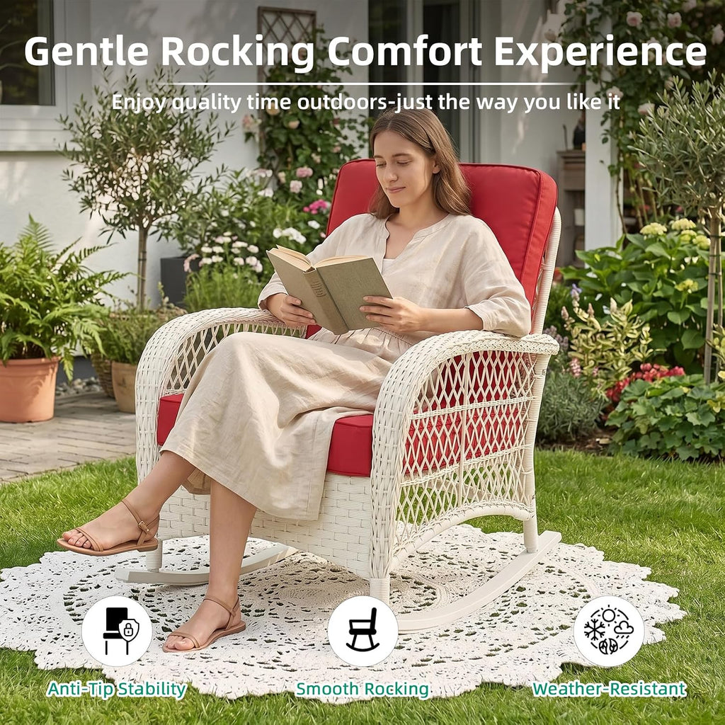 VIVIJASON Outdoor Wicker Rocking Chair, Patio Rattan Rocker Chair with Cushions & Steel Frame, All-Weather Rocking Lawn Furniture for Garden Backyard Porch, Cream White/Red
