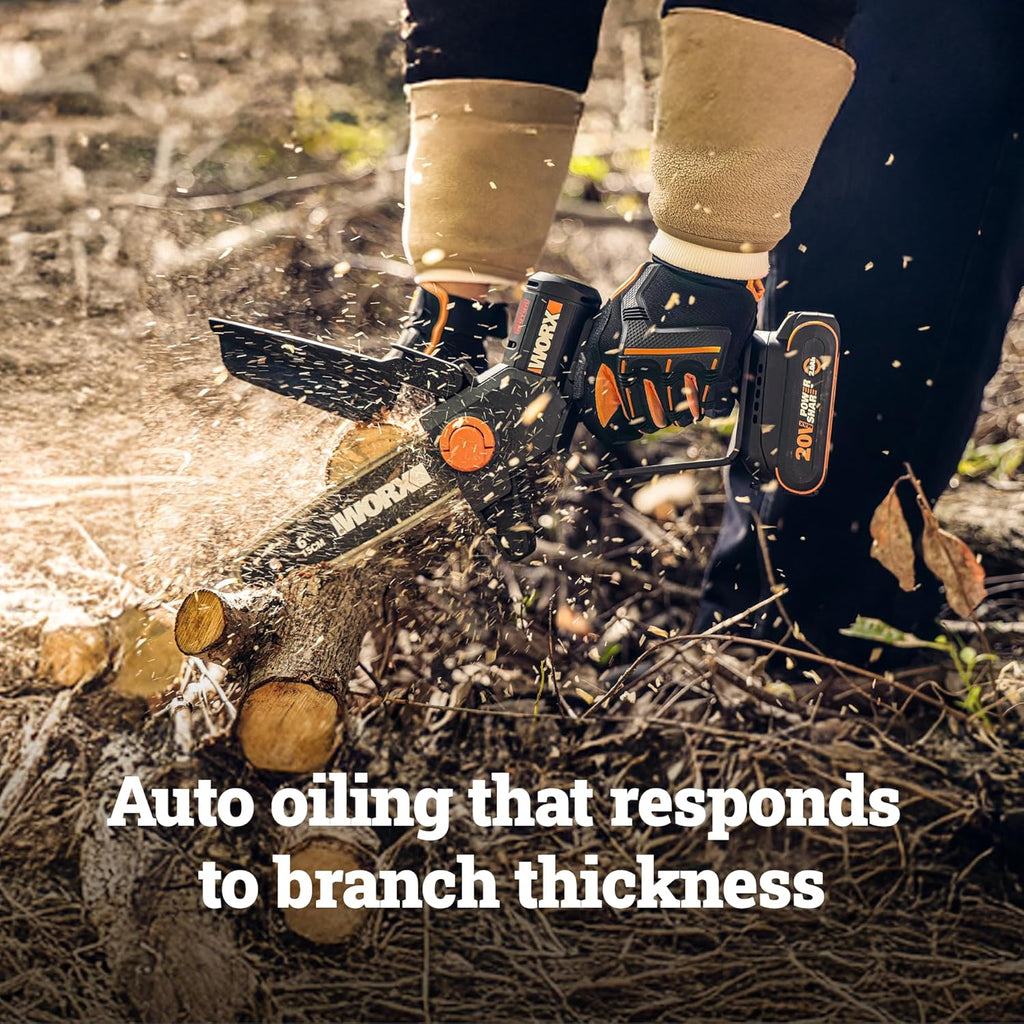 WORX Mini Chainsaw, 20V 6'' Pruning Saw with Brushless Motor, 33 ft/s Chain Speed, Only 3.49 lbs, Includes 20V 2.0 Ah Battery and Charger, PowerShare