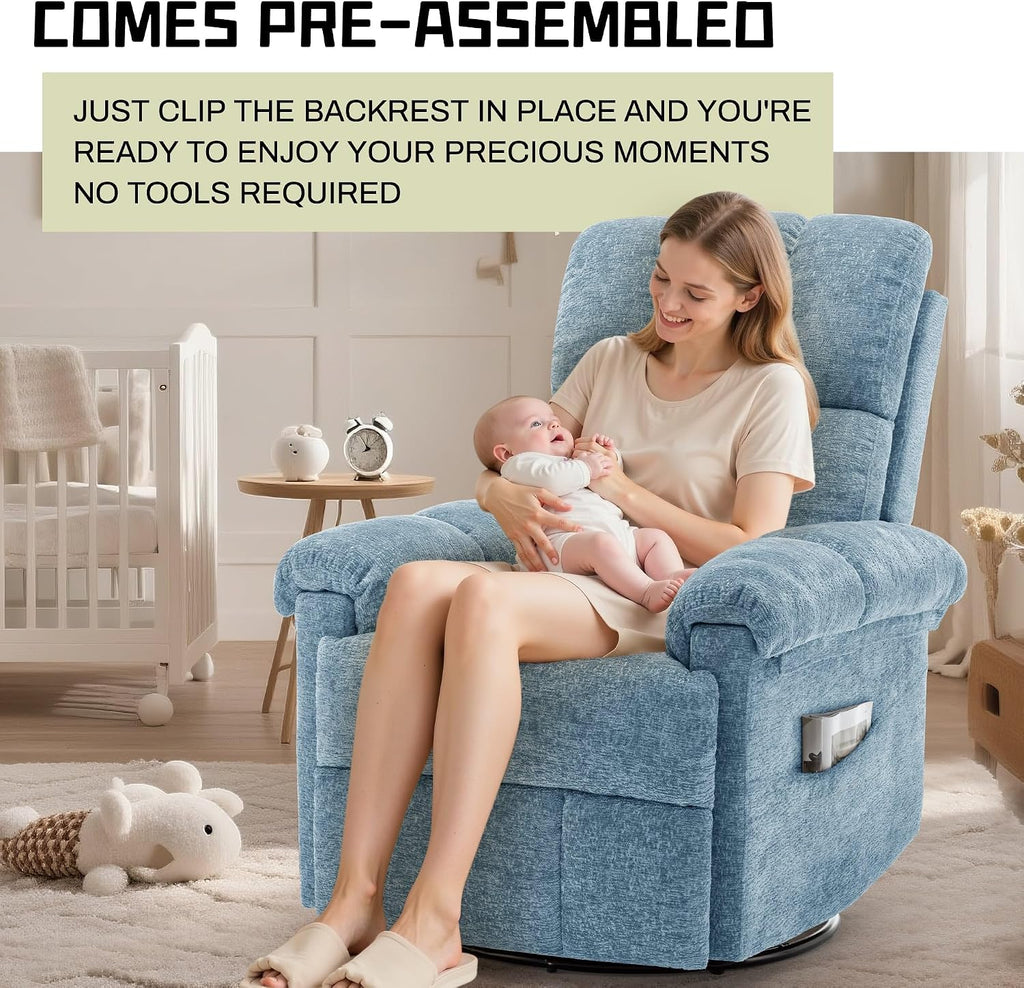 Korser Recliner Chair, Swivel Rocker Recliner Chair for Adults, Small Recliners for Small Spaces, Manual Recliner Chair with Side Pockets, Nursery Rocking Chair for Living Room, Chenille, Airy Blue