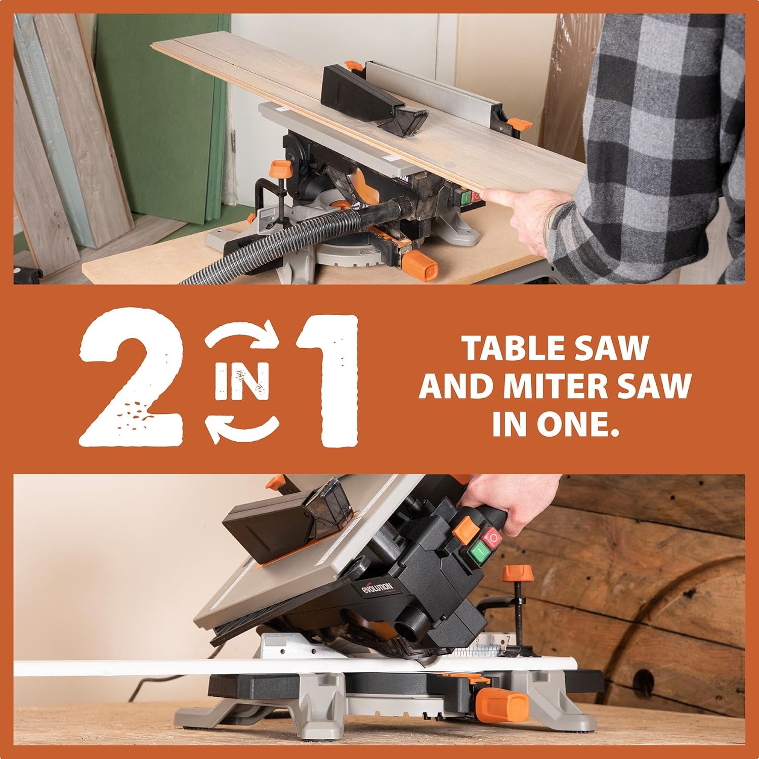 Evolution R8MTS 8-1/4' Convertible Miter/Table Saw - Multi-Function Saw - 0-45° Bevel & +/- 45° Miter - Multi-Material Cutting: Wood, Plastic, Metal - Compact, Powerful 12A Motor - TCT Blade Incl
