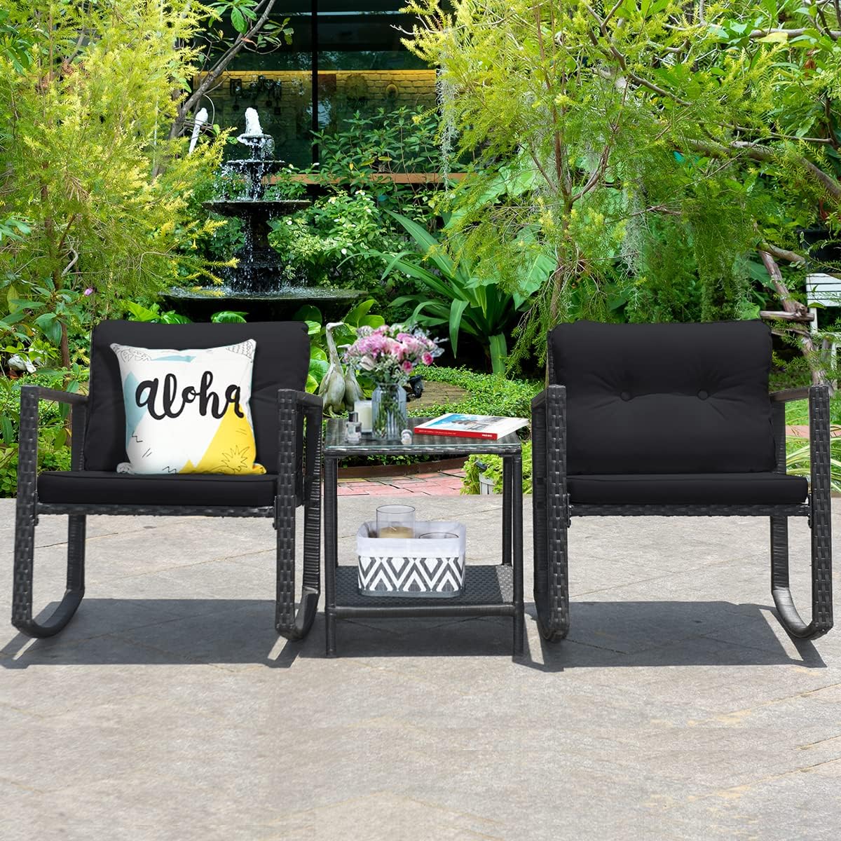 Tangkula 3 Pieces Patio Wicker Rocking Bistro Set, Outdoor Rocking Chair Furniture Set w/Cushioned Seat, Conversation Set w/Glass Coffee Table and Storage Shelf (Black)