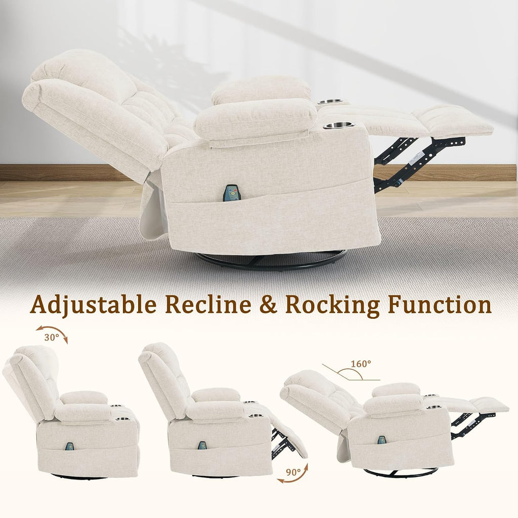 Korser 360° Swivel Rocker Recliner for Adults, Nursery Glider Recliner with Massage and Heating, Rocking Chair with Cup Holder, Manual Recliner Chair for Living Room, Bedroom (Fabric, Beige)