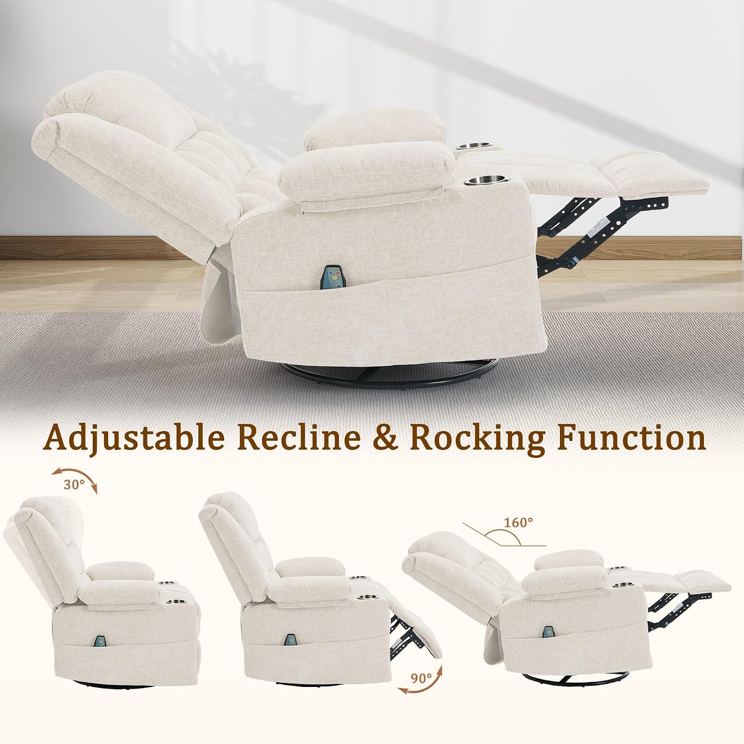 Korser 360° Swivel Rocker Recliner for Adults, Nursery Glider Recliner with Massage and Heating, Rocking Chair with Cup Holder, Manual Recliner Chair for Living Room, Bedroom (Fabric, Beige)