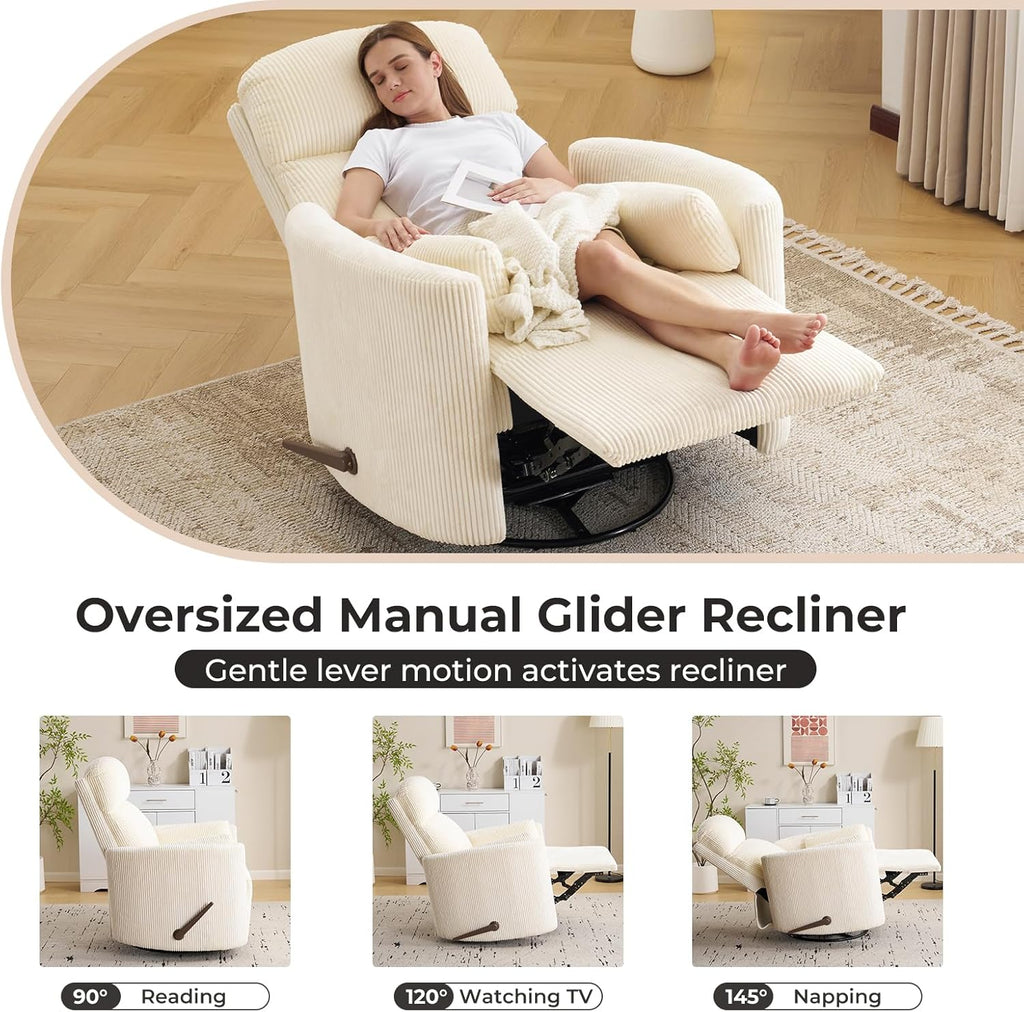 Oversized Swivel Rocker Recliner with Massage and Heat, Swivel Nursery Recliner with Adjustable Headrest, Manual Rocker Recliner Chair with Two Removable Pillows, Rocking Nursery Chair,Corduroy Beige