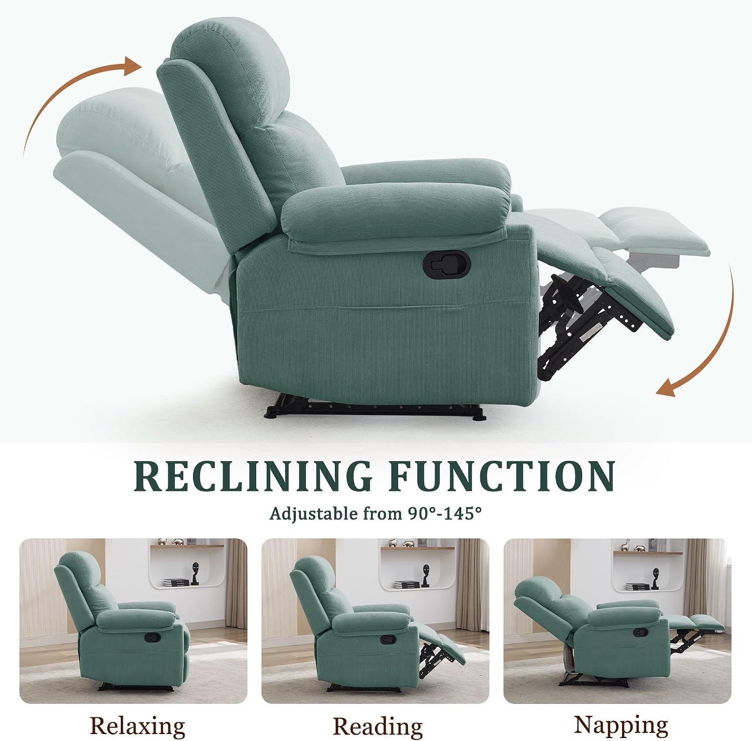 Korser Recliner Chair, Manual Recliner for Adults with Side Pocket, Small Recliners for Small Spaces, Adjustable Comfy Overstuffed Corduroy Reclining Chairs for Living Room, Reading, Bedroom, Teal