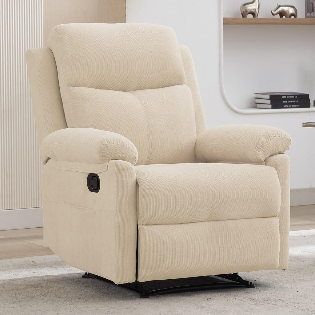 Korser Recliner Chair, Manual Recliner for Adults with Side Pocket, Small Recliners for Small Spaces, Adjustable Comfy Overstuffed Corduroy Reclining Chairs for Living Room, Reading, Bedroom, Beige