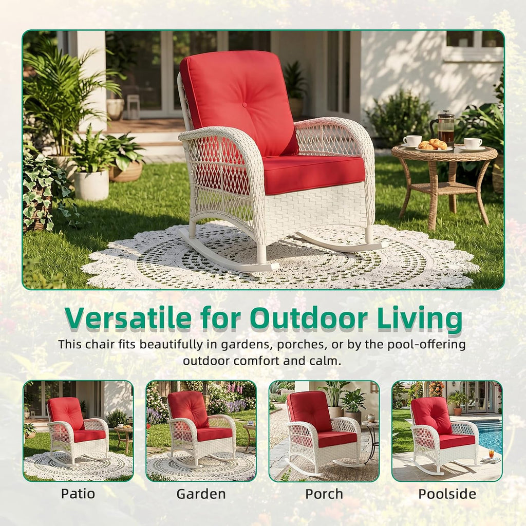 VIVIJASON Outdoor Wicker Rocking Chair, Patio Rattan Rocker Chair with Cushions & Steel Frame, All-Weather Rocking Lawn Furniture for Garden Backyard Porch, Cream White/Red