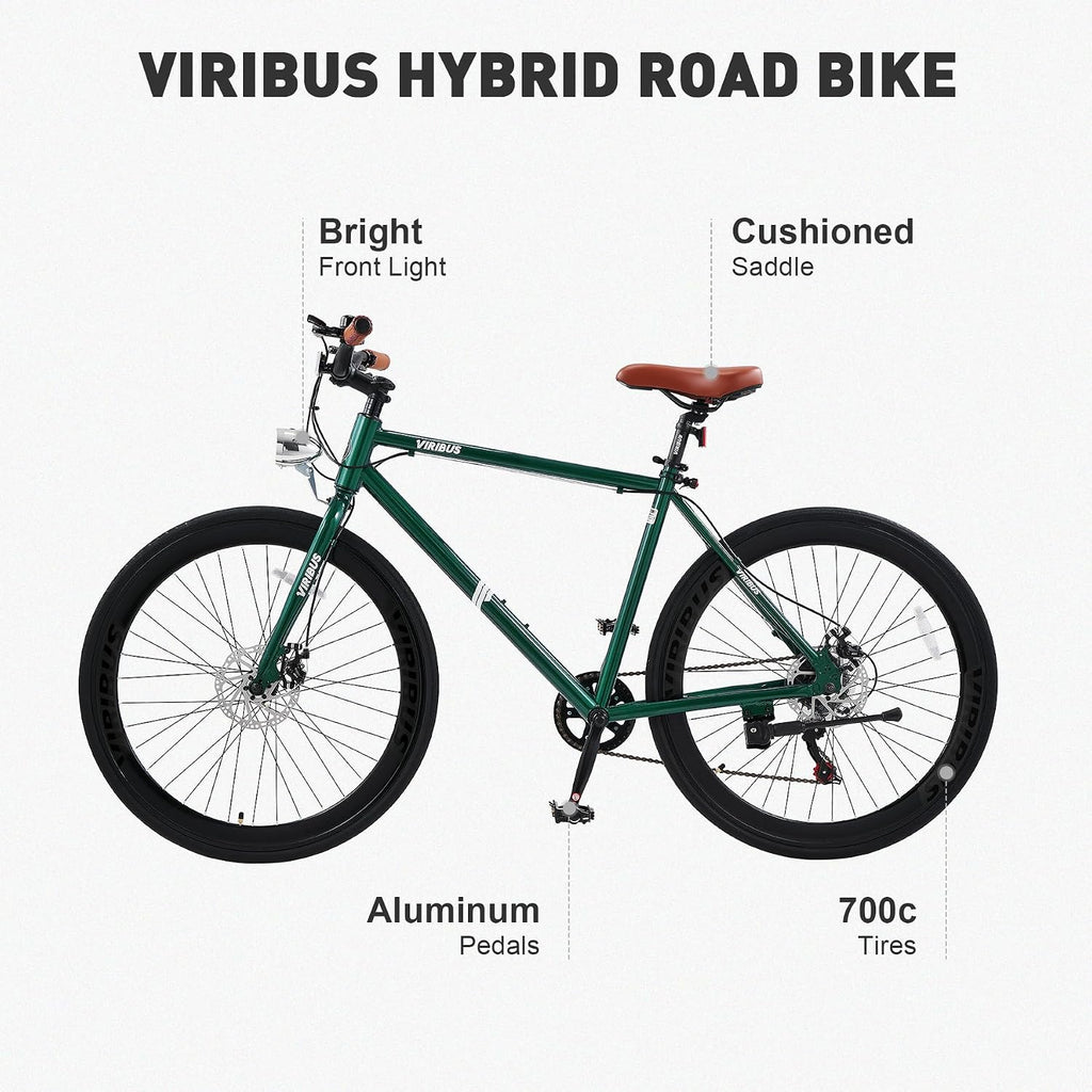 VIRIBUS Hybrid Bikes, 28 inch Mens Hybrid Bicycle 7 Speed with Lightweight Aluminum Frame & Disc Brakes, 700C Retro Vintage Adult Bike for Tall Men & City Commuters 85% Pre-Assembled