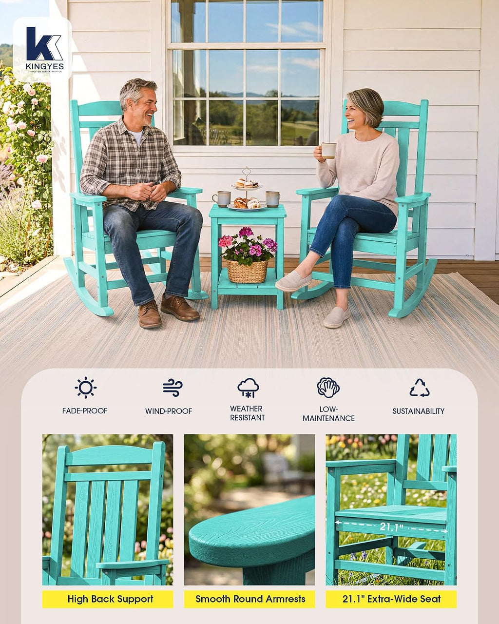 KINGYES Oversized Outdoor Rocking Chair Set of 2, High Density Polyethylene Patio Rocking Chairs with 350lbs Support for Adults, Aruba Blue
