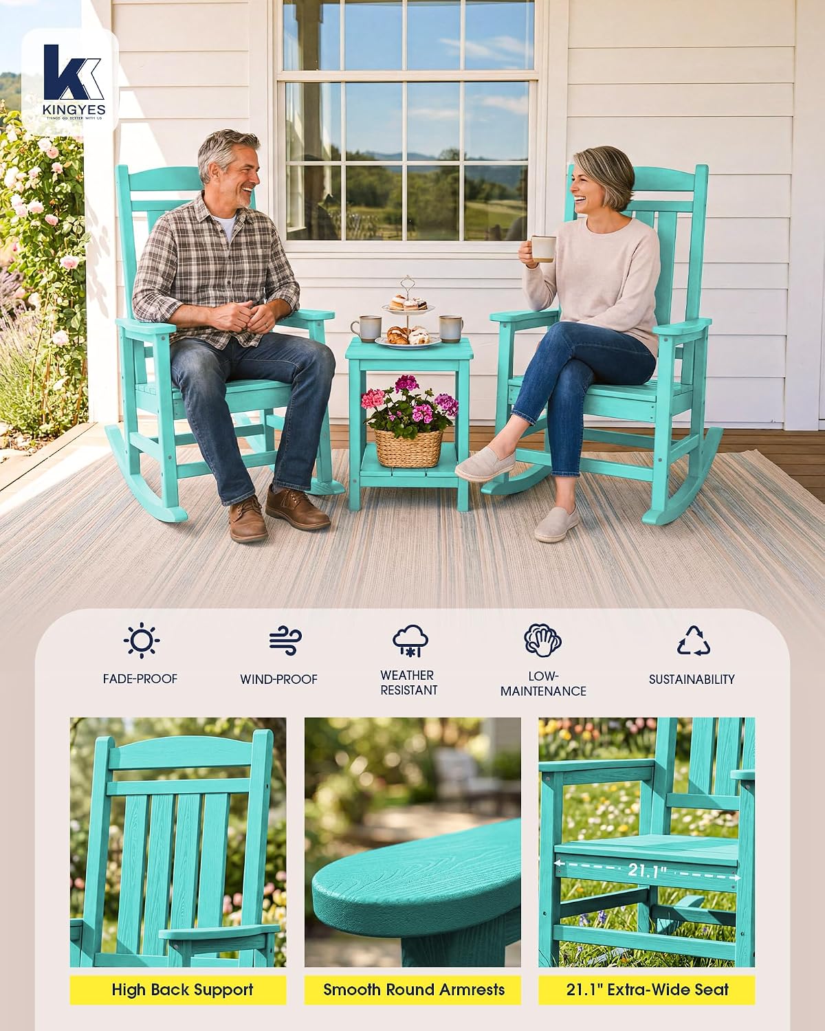 KINGYES Oversized Outdoor Rocking Chair Set of 2, High Density Polyethylene Patio Rocking Chairs with 350lbs Support for Adults, Aruba Blue