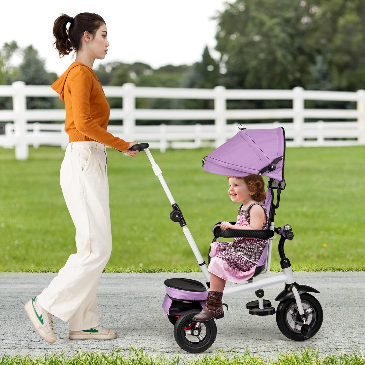 HONEY JOY Tricycle, 5-in-1 Folding Baby Trike Stroller w/Adjustable Handle & Canopy, Reversible Seat, Safety Belt, Folding Pedal, Bell, Storage, Push Tricycle for Toddlers 1-5 Years Old (Purple)