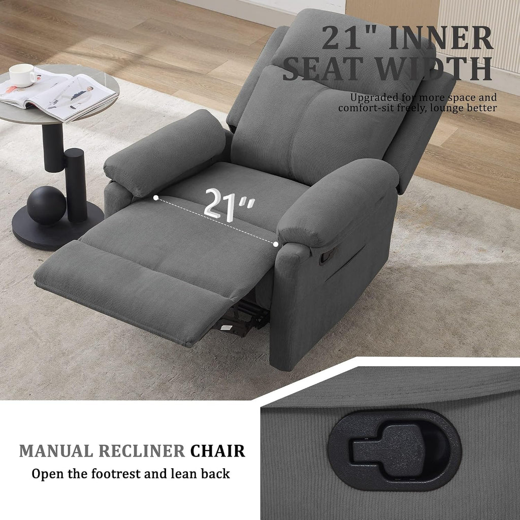 Korser Recliner Chair, Manual Recliner for Adults with Side Pocket, Small Recliners for Small Spaces, Adjustable Comfy Overstuffed Corduroy Reclining Chairs for Living Room, Reading, Bedroom, Grey