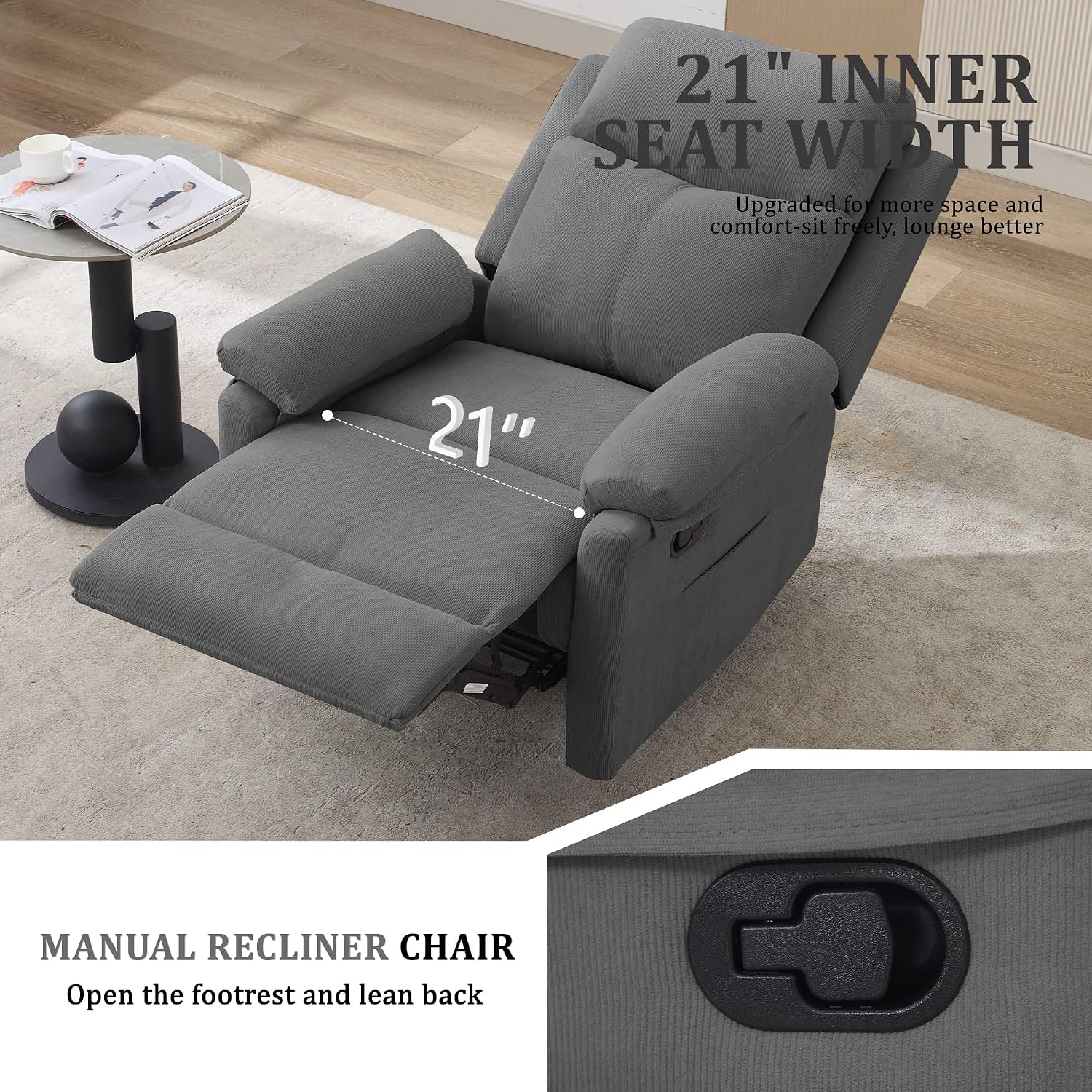 Korser Recliner Chair, Manual Recliner for Adults with Side Pocket, Small Recliners for Small Spaces, Adjustable Comfy Overstuffed Corduroy Reclining Chairs for Living Room, Reading, Bedroom, Grey