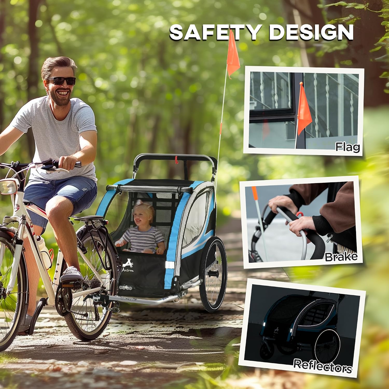 Aosom 3-in-1 Walk/Jog/Ride Child Baby Bike Trailer for Kids 2 Seater, High-Visibility Bike Stroller for Toddler Wagon, Weather-Strong Double Bicycle Trailer Accessory