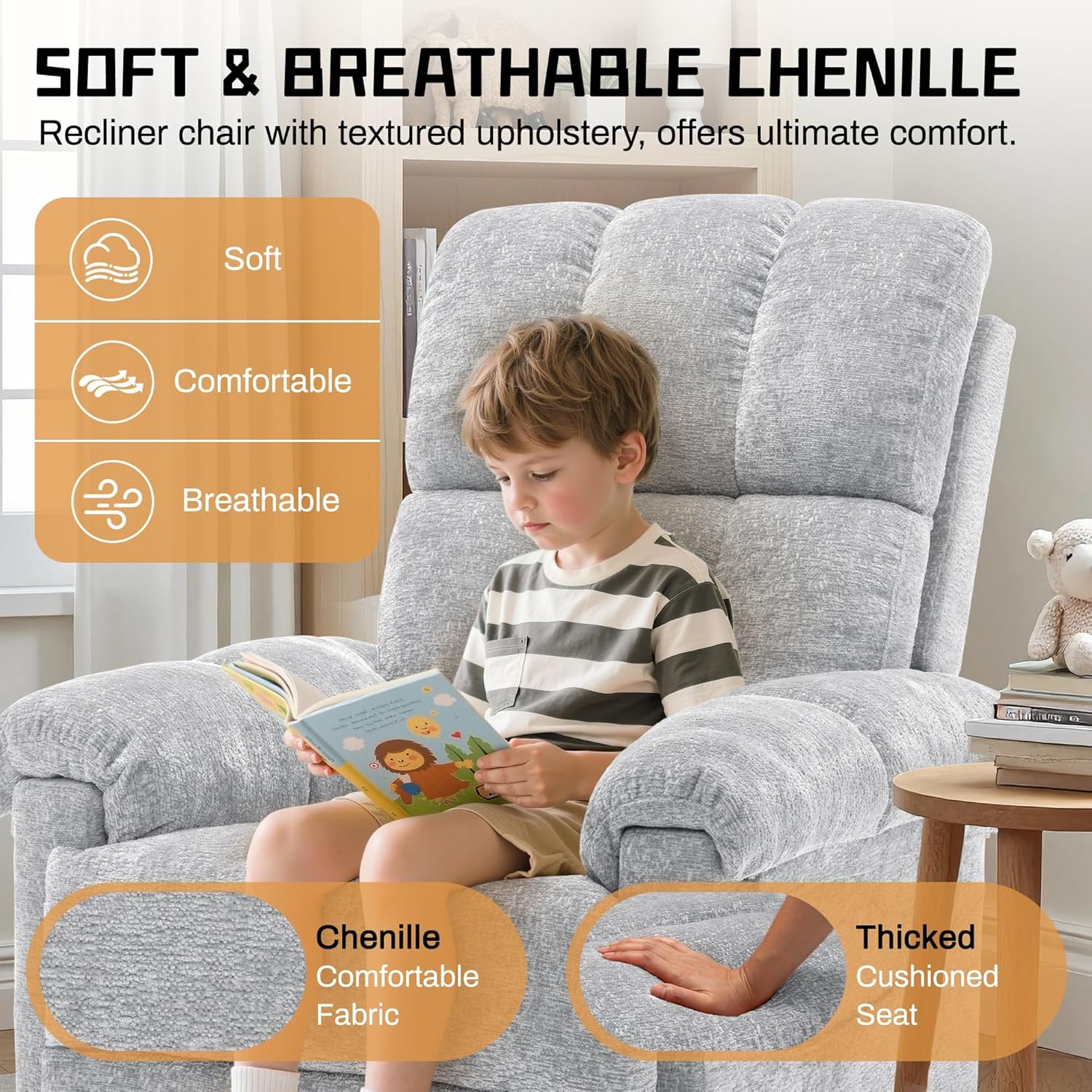 Korser Recliner Chair, Swivel Rocker Recliner Chair for Adults, Small Recliners for Small Spaces, Manual Recliner Chair with Side Pockets, Nursery Rocking Chair for Living Room, Chenille, Silver Grey