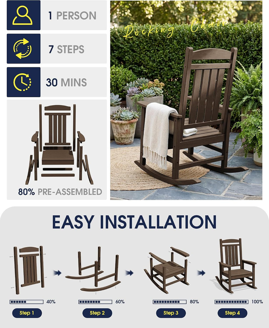 KINGYES Oversized Outdoor Rocking Chair Set 2, All Weather HDPE Patio Rocking Chairs for Adults, Coffee Brown