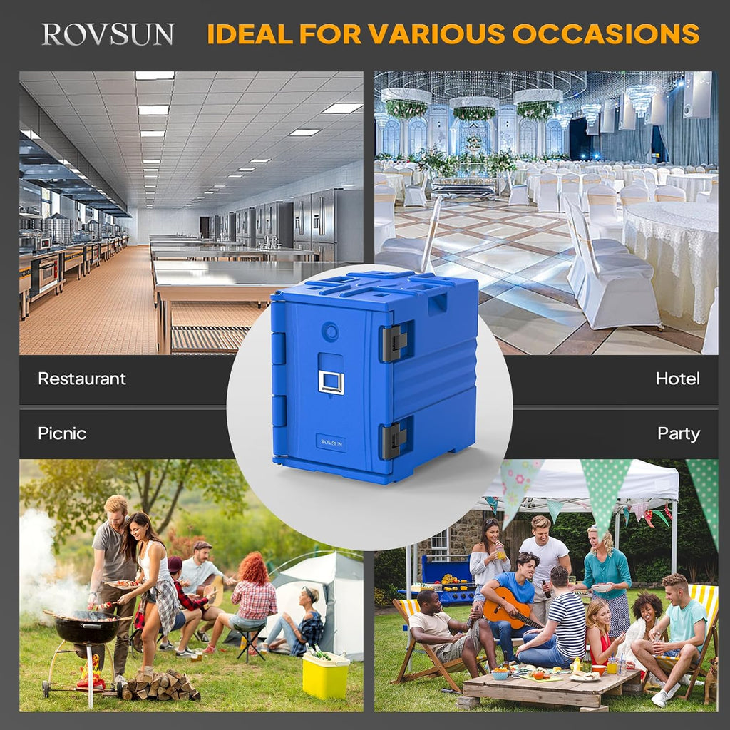 ROVSUN 82 QT Insulated Food Pan Carrier, Hot Box Food Warmer for 5 Full-Size Pan w/Wheels Double Buckles and Handles, Stackable Hot Boxes for Catering Restaurant Canteen Family Party