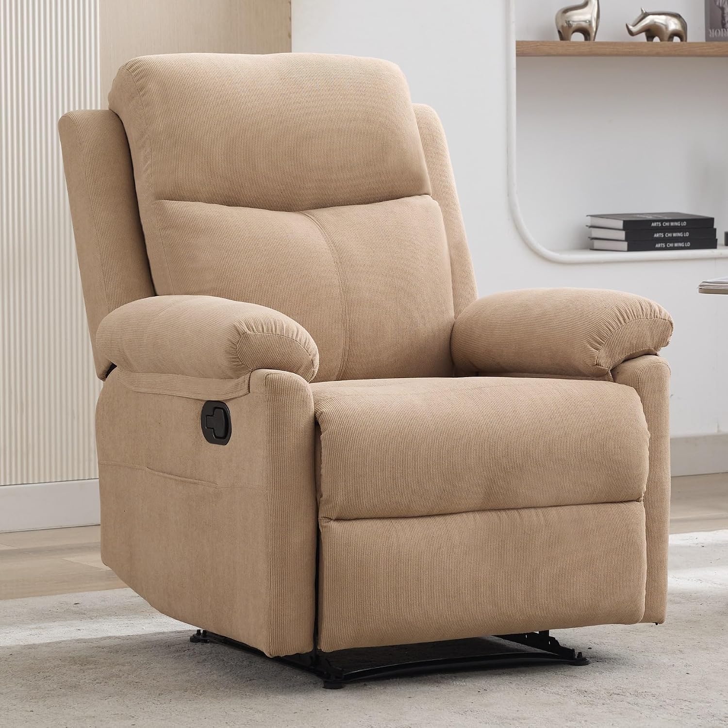 Korser Recliner Chairs, Small Recliners for Small Spaces, Manual Recliner for Adults with Side Pockets, Adjustable Overstuffed Comfy Corduroy Reclining Chair for Living Room, Bedroom, Reading, Khaki
