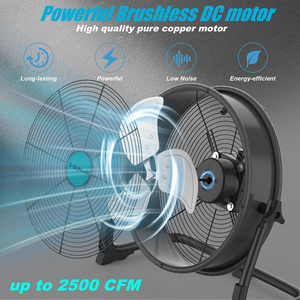 16' Battery Operated Floor Fan Compatible with Makita 18V Battery, Portable Fan with AC Adapter and USB Output, Metal Industrial High Velocity, Stepless Speed Cordless Fan for Jobsite Garage Camping