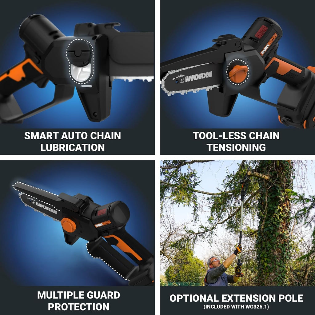 Worx Nitro 20V 5' Cordless Brushless Chainsaw 2.0 Ah Battery and Charger Included WG325