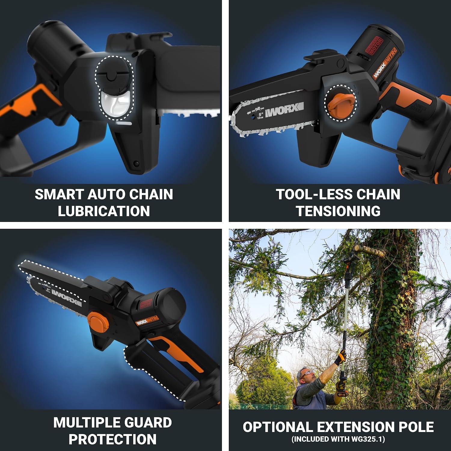 Worx Nitro 20V 5' Cordless Brushless Chainsaw 2.0 Ah Battery and Charger Included WG325