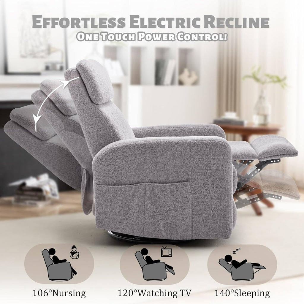 Korser Power Swivel Recliner Chairs for Adults, Electric Glider Rocking Chair Nursery, Glider Recliner Nursery Chair with Classified Side Pocket, Nursery Rocking Chairs with USB and Type-C Ports