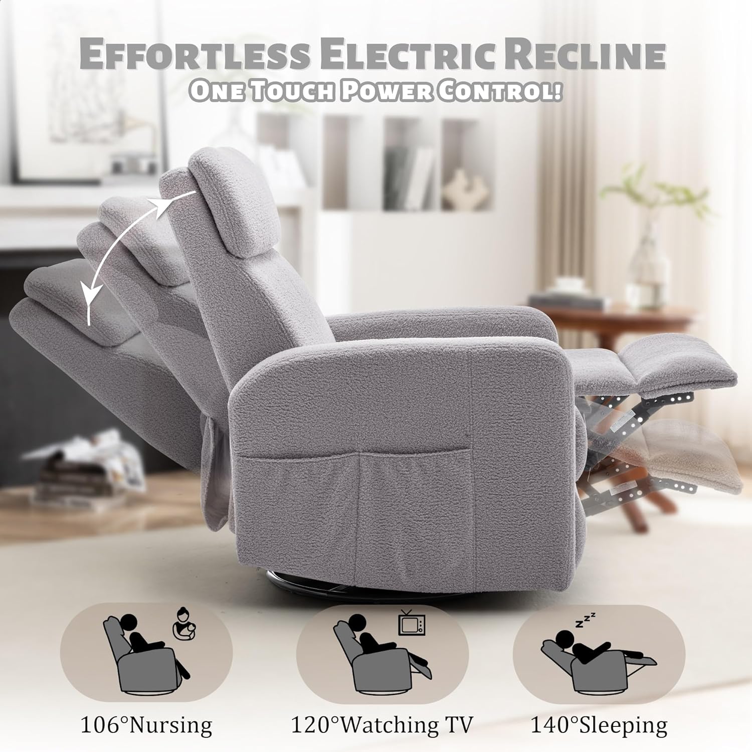 Korser Power Swivel Recliner Chairs for Adults, Electric Glider Rocking Chair Nursery, Glider Recliner Nursery Chair with Classified Side Pocket, Nursery Rocking Chairs with USB and Type-C Ports
