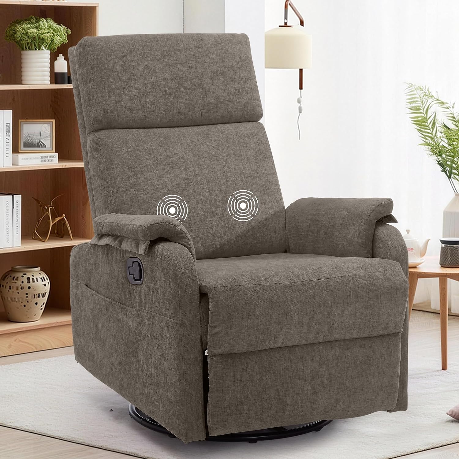 Korser Swivel Rocking Recliner with Massage, Small Glider Chair for Nursery, Modern-Designed Armrests Chair for Adults Living Room, Chenille, Brown