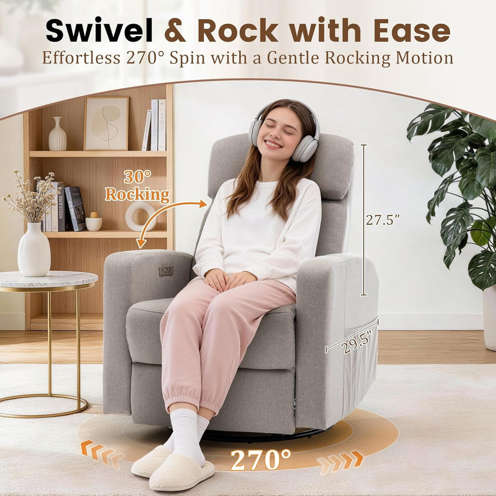 Korser Power Swivel Recliner Chairs for Adults, Electric Glider Rocking Chair Nursery, Glider Recliner Nursery Chair with Classified Side Pocket, Nursery Rocking Chairs with USB and Type-C Ports
