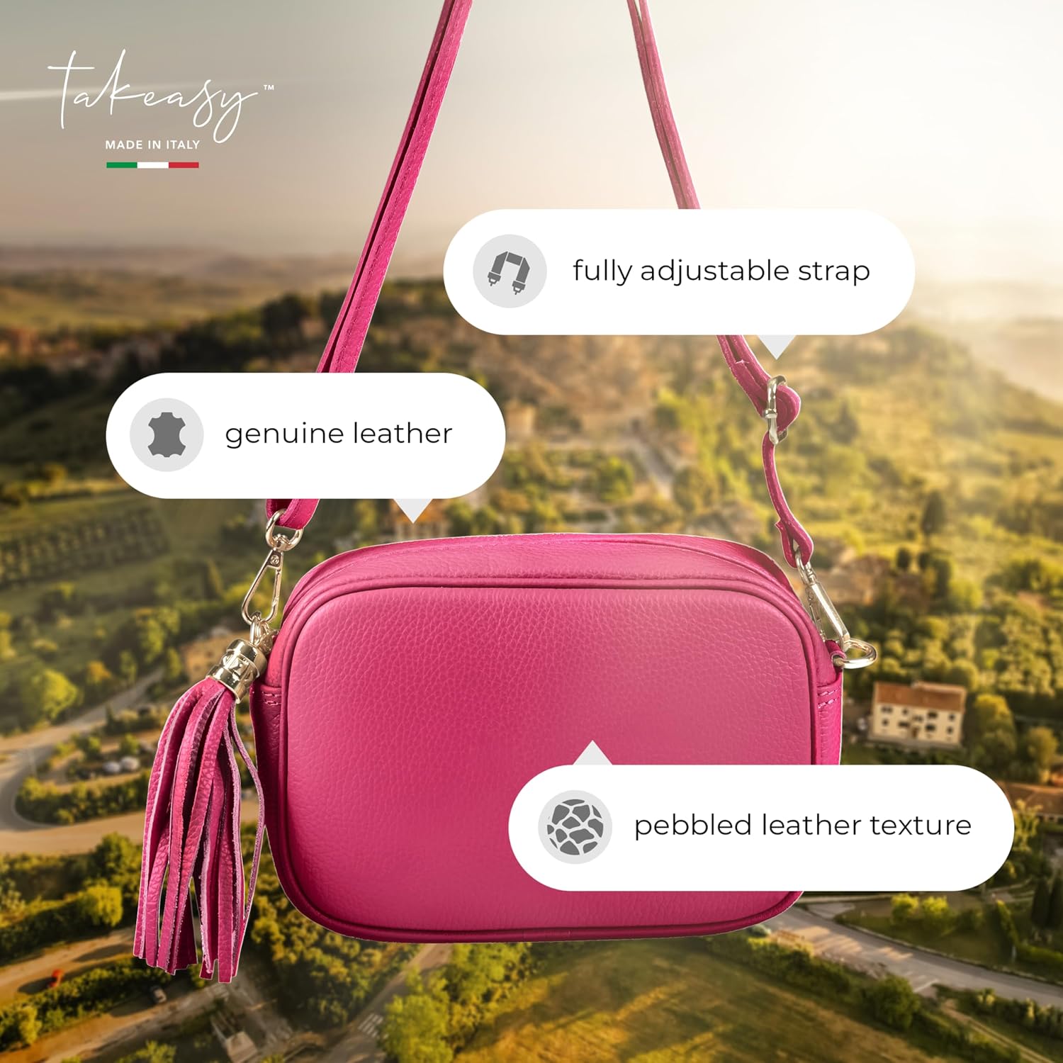 Italian Calf Leather Crossbody Bag for Women with Tassel Zipper | Small Camera Purse Shoulder Handbag Pocketbook