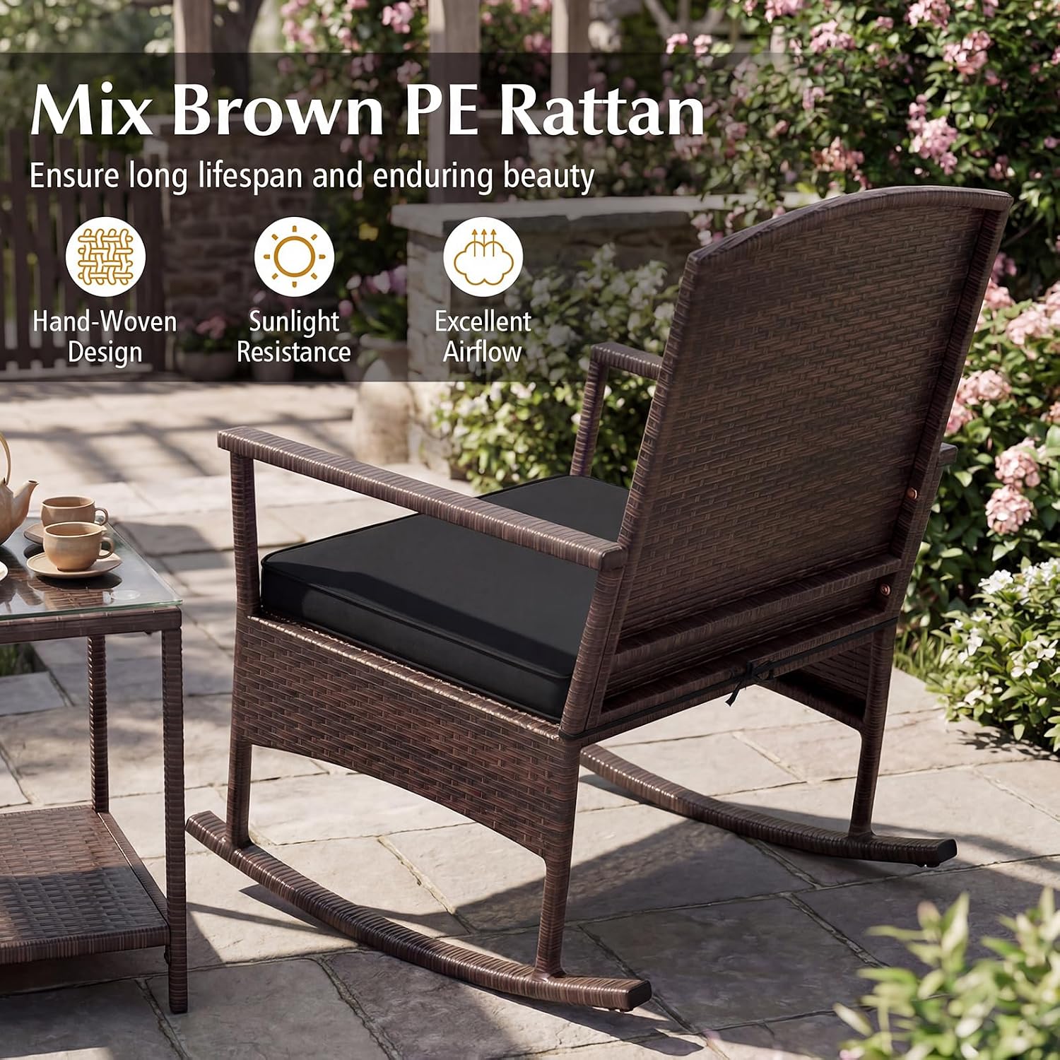 Tangkula 3 Pieces Rocking Wicker Bistro Set, Outdoor Front Porch Rocker Chairs Conversation Set with 2-Tier Tempered Glass Coffee Table and Thick Cushions for Garden, Balcony, Poolside (Black)
