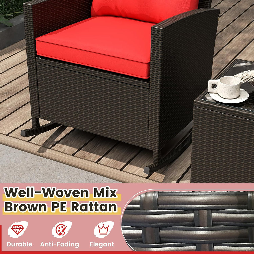 Tangkula 3 Piece Wicker Rocking Set, Patio Rattan Roker Chairs with Tempered Glass Table & Soft Cushions, Outdoor Furniture Set for Backyard, Poolside Porch (Red)