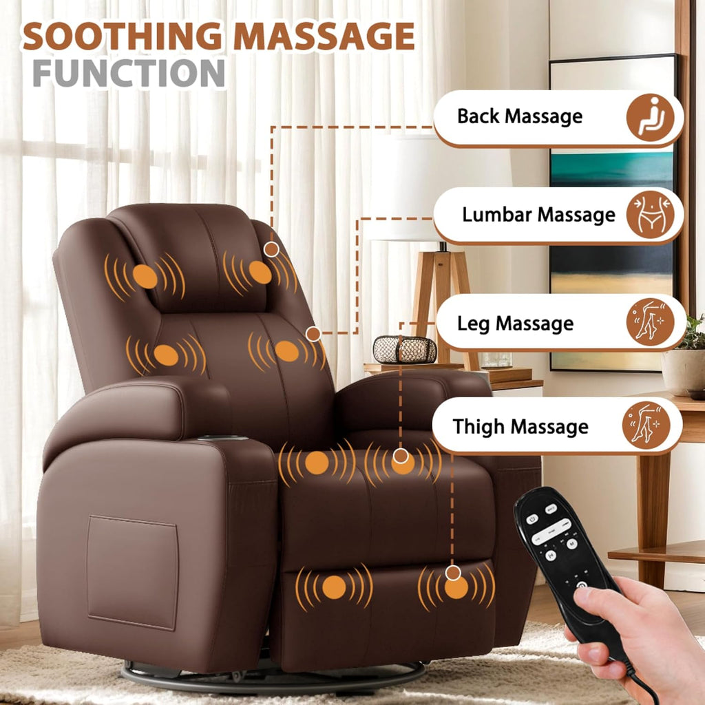 Flamaker Swivel Rocker Recliner Chair with Vibration Massage, 360° Swivel Recliner Chairs for Adults Ergonomic Lounge Chair with Cup Holders Lazy Boy Recliner Single Sofa Seat (Leather, Brown)