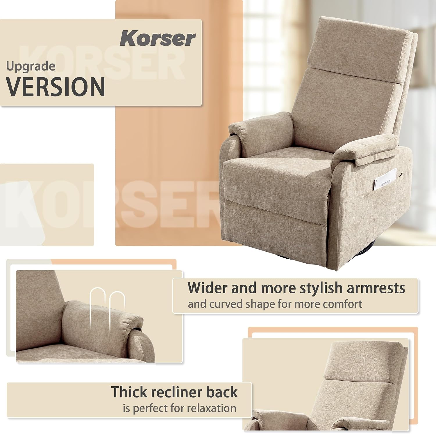 Korser Recliner Chair, Swivel Rocking Recliner Chair for Adults, Glider Rocking Chair, Small Nursery Chair Recliner for Living Room, Reclining Chair with Modern-Designed Armrests, Chenille, Khaki