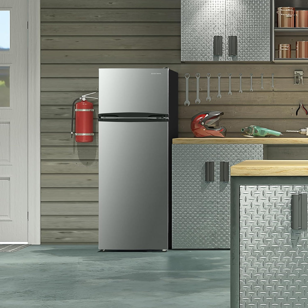 West Bend Apartment Refrigerator Freestanding Reversible Dual Doors Full Fridge with Freezer, Full-Range Temperature Control with Adjustable and Removable Door Bins and Shelves, 7.5-Cu.Ft, Metallic