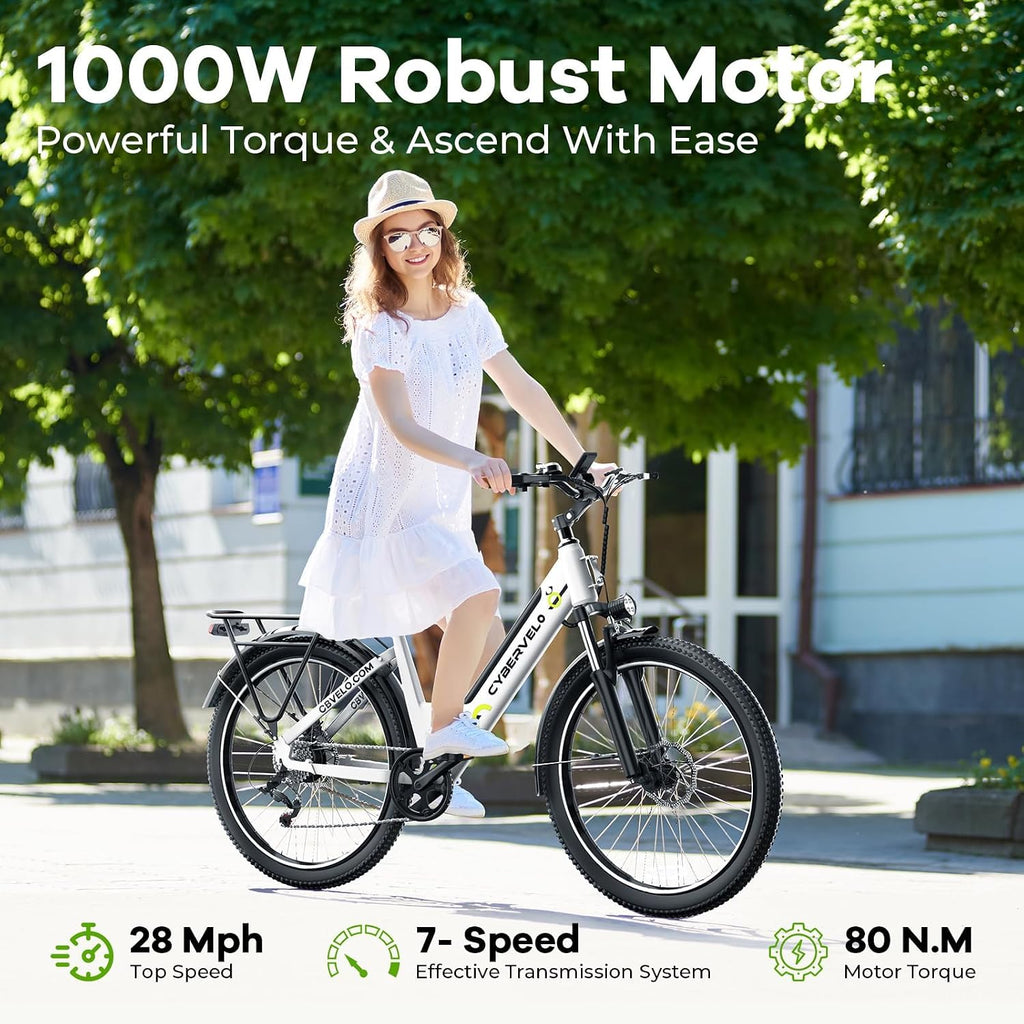 26' Electric Bike for Adult,1000W Peak, up 80 Miles Removable Battery Ebike,Adult Electric Bicycles for All Terrain,Men Women EBike, 7-Speed